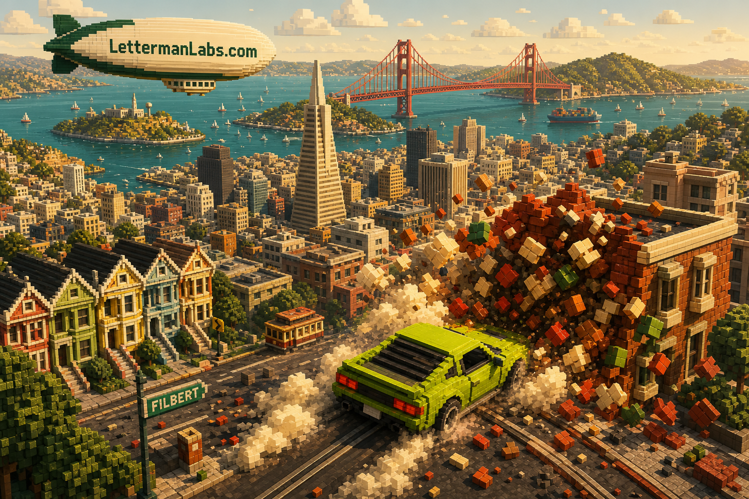 Pixel block San Francisco with a lime car smashing a building and a LettermanLabs blimp