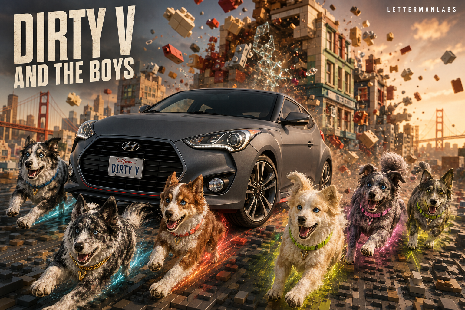 Dirty V matte-gray Veloster and six multicolored huskies tearing through miniature San Francisco